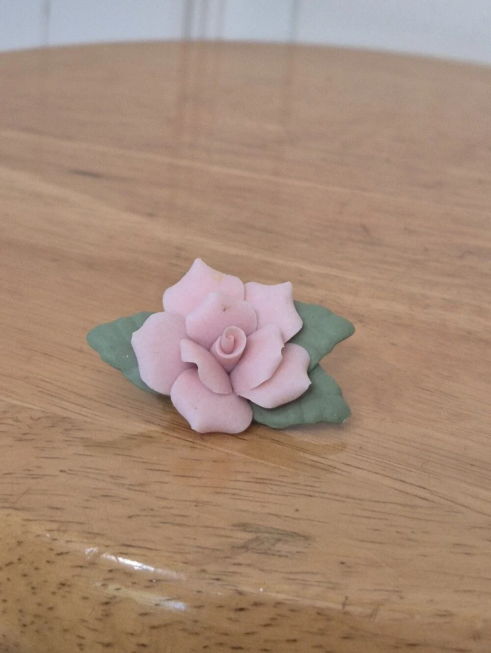 Pastel porcelain pink rose Brooch pin with green leaves